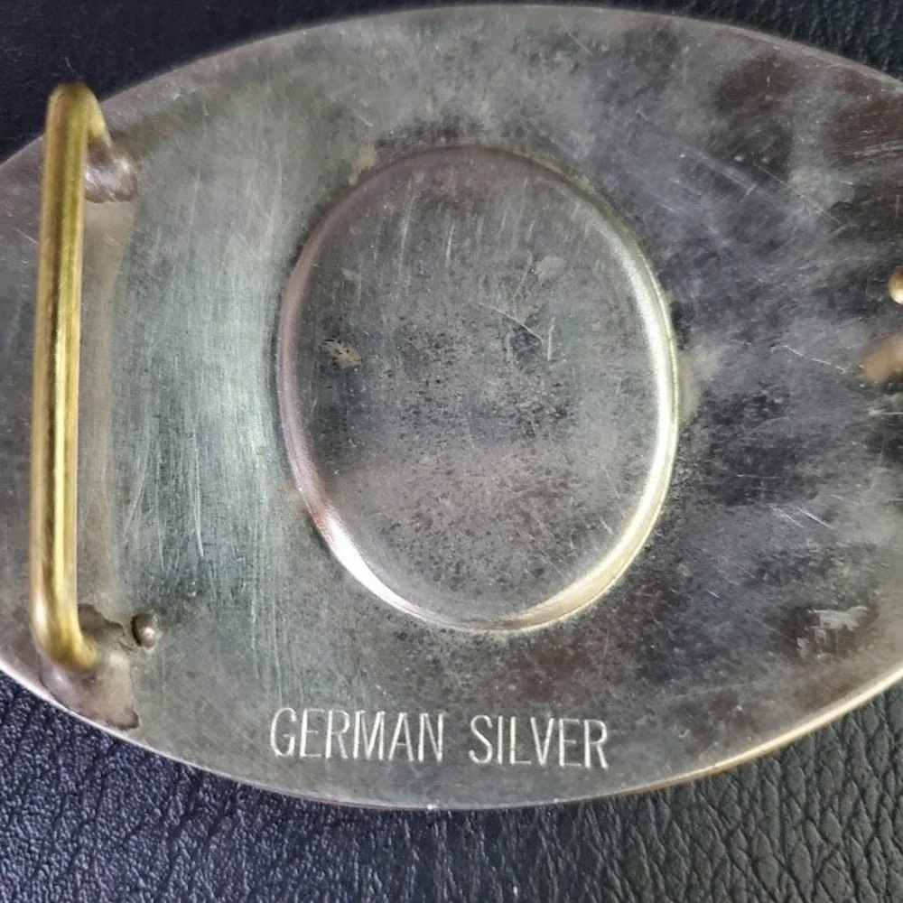 Vintage German Silver Oval Belt Buckle Western Horse Portrait Scroll Engraved